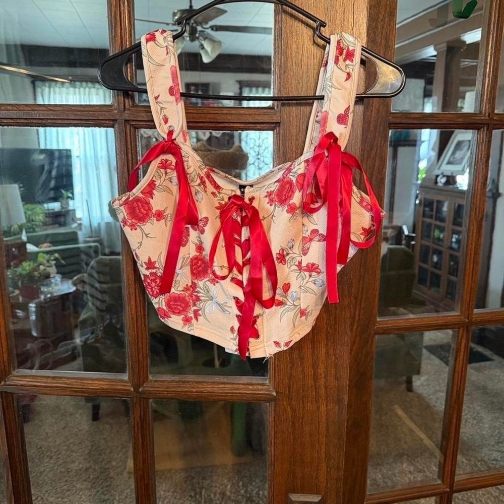 SHEIN MOD Floral Lace‎ Up Corset Crop Top Red Pink Butterfly Large NWT
